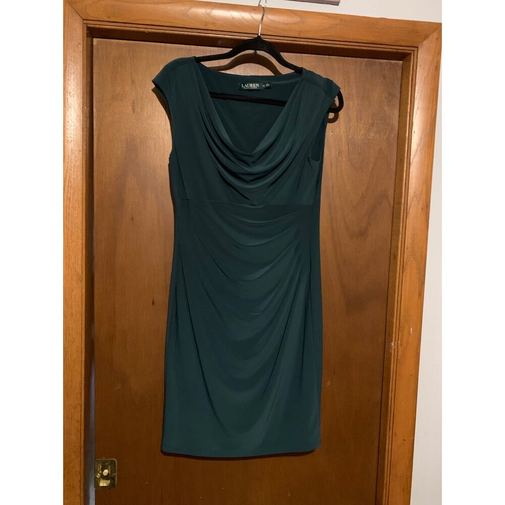 Lauren Ralph Lauren Dress 12P Green Cowl Neck Ruched Sheath Petite